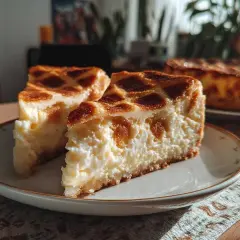 Dwa kawałki tradycyjnego sernika krakowskiego z kratką na wierzchu, na talerzyku.
