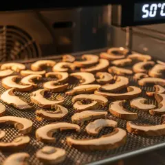 Suszenie grzybów w temperaturze 50°C. Plasterki grzybów ułożone na ruszcie w piekarniku.