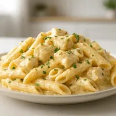 Penne z kawałkami kurczaka w kremowym sosie serowym, posypane natką pietruszki.