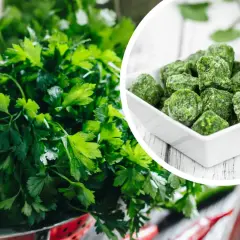 Świeża natka pietruszki obok kostek mrożonej pietruszki.