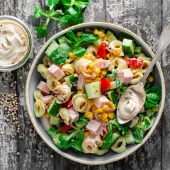 Najlepsza sałatka z tortellini: pyszne połączenie makaronu, szynki, kukurydzy, ogórka i papryki, polane kremowym sosem. Idealna na każdą okazję!