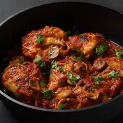 Pyszne udka z kurczaka w sosie pomidorowym z pieczarkami, posypane świeżą natką pietruszki, podane w czarnym rondlu.