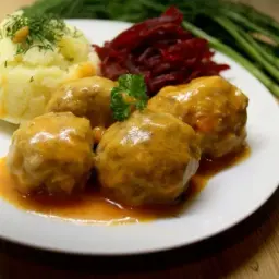 Pyszne pulpety drobiowe w sosie pomidorowym, podane z puree ziemniaczanym i buraczkami.