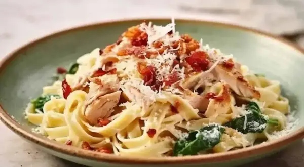 Pyszny makaron z kurczakiem i szpinakiem, posypany parmezanem i chrupiącym boczkiem. Idealny na obiad.