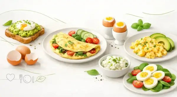 Różnorodne jajka na śniadanie: jajko w koszulce na awokado, omlet z pomidorkami, jajecznica, jajka na twardo i twarożek.