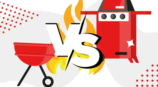 Grill gazowy czy węglowy? Ilustracja porównuje tradycyjny grill węglowy z nowoczesnym grillem gazowym, symbolizując wybór między nimi.