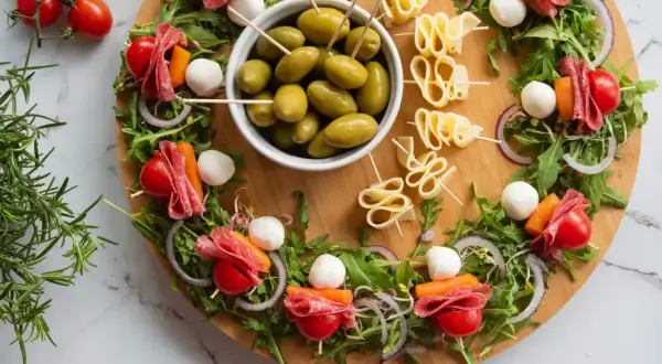 Oto 10 najlepszych sałatek na imprezę: przekąski z mozzarellą, salami, pomidorkami i oliwkami na desce z rukolą.