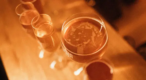 Kilka kieliszków z bursztynowym napojem, jeden z nich z widocznym napisem "kombucha".