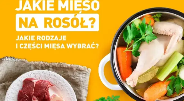 Idealna porcja rosołowa: na talerzu surowe mięso i kości, w garnku gotujący się rosół z kurczaka, marchewką i ziołami.