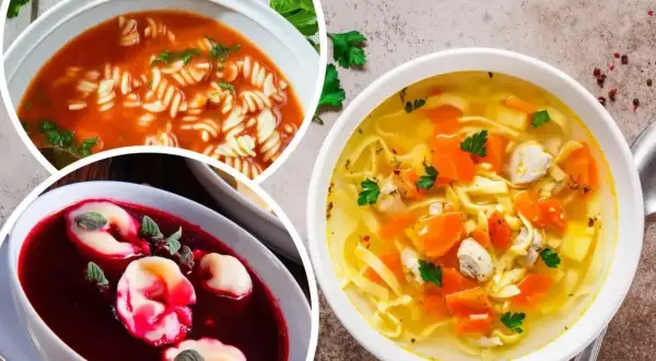 Trzy pyszne zupy: pomidorowa z makaronem, barszcz z uszkami i rosół z kurczakiem. Jaka zupa na obiad?
