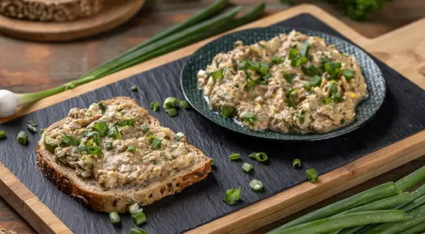 Pyszna pasta z tuńczyka na kromce ciemnego chleba, posypana szczypiorkiem. Obok talerz z pastą i świeże dymki.