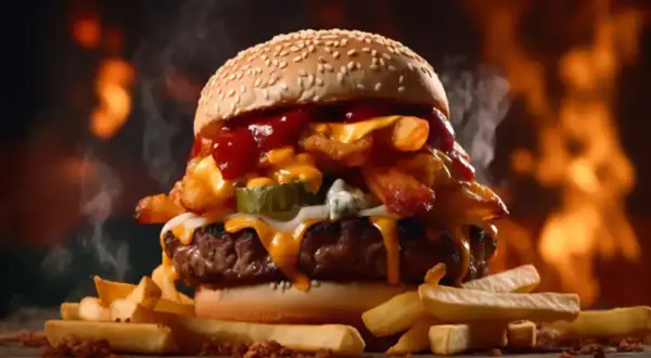 Soczysty burger z frytkami i serem, polany obficie sosem amerykańskim, na tle płomieni.