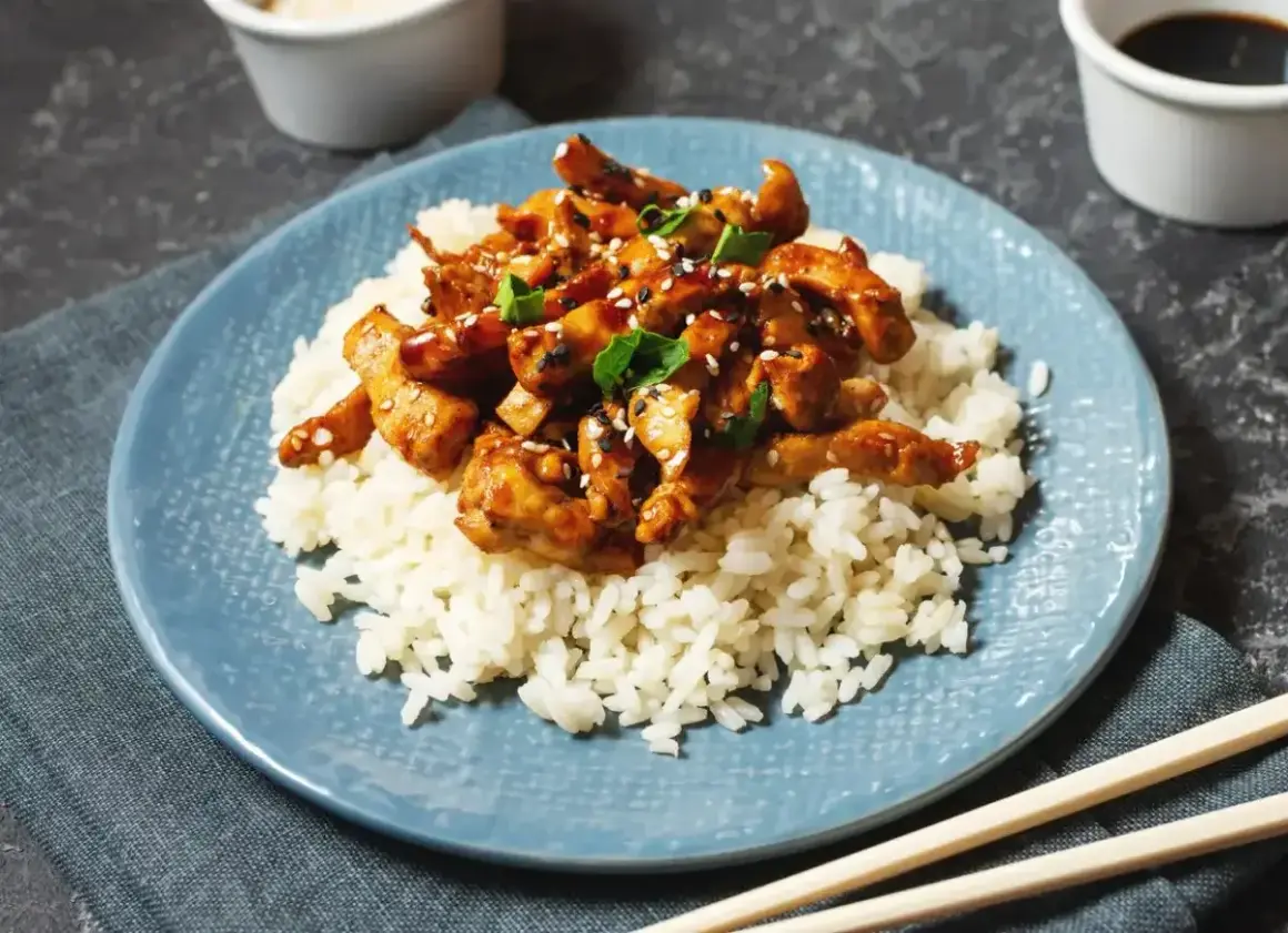 Pyszny kurczak po japońsku w sosie teriyaki, podany na białym ryżu, posypany sezamem i szczypiorkiem.