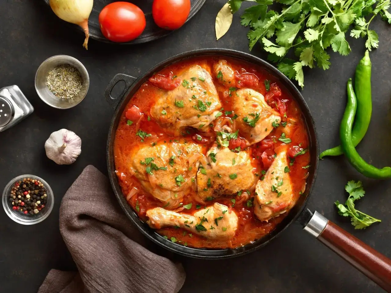 Pyszne udka z kurczaka w aromatycznym sosie pomidorowym, posypane świeżą natką pietruszki. Obok leżą zielone papryczki chili, pomidory i cebula.