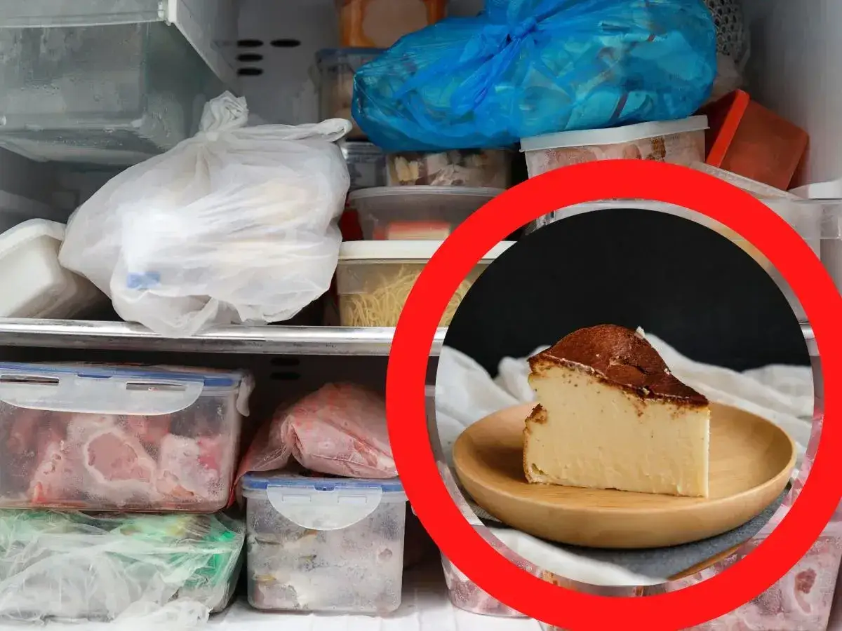 Kawałek sernika na talerzyku, w zamrażarce pełnej jedzenia. Czy sernik można mrozic? Tak, można go zamrozić.