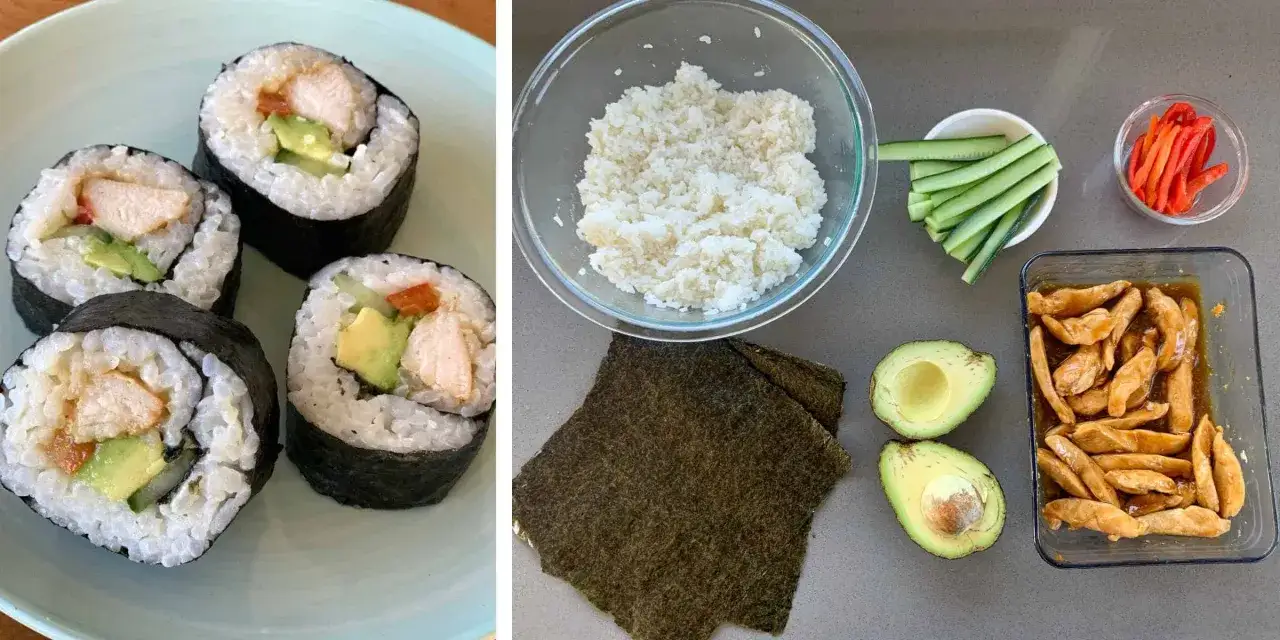 Gotowe sushi z kurczakiem, awokado i ogórkiem. Obok składniki do jego przygotowania: ryż, nori, kurczak w sosie, awokado, ogórek i papryka.
