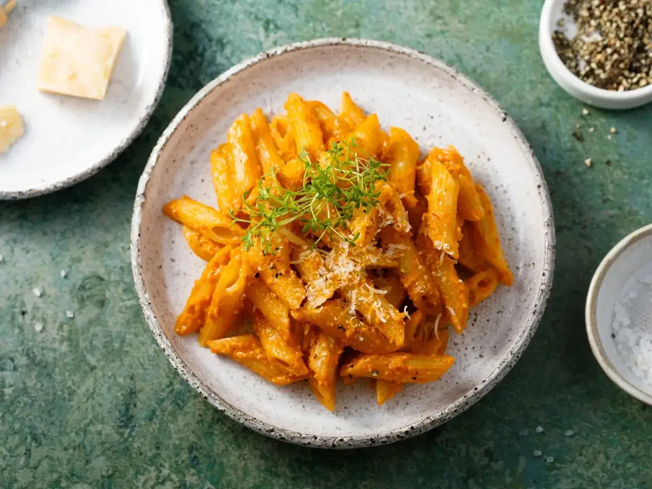 Penne z aromatycznym, czerwonym pesto, posypane parmezanem i świeżymi ziołami. Idealne danie dla miłośników intensywnych smaków.